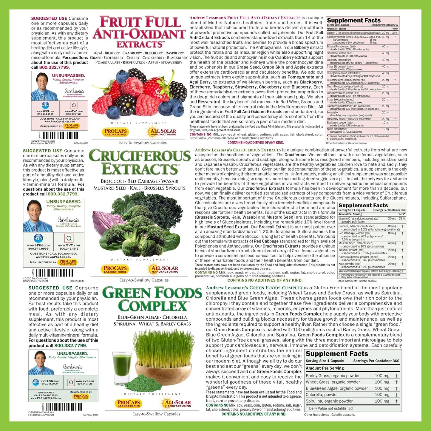 Andrew Lessman Healthy Foods Bundle - 60 Count Each of Cruciferous, Fruit Full Anti-Oxidant, and Green Foods Complex Extracts - Nutritional Benefits of 20+ Healthiest Foods