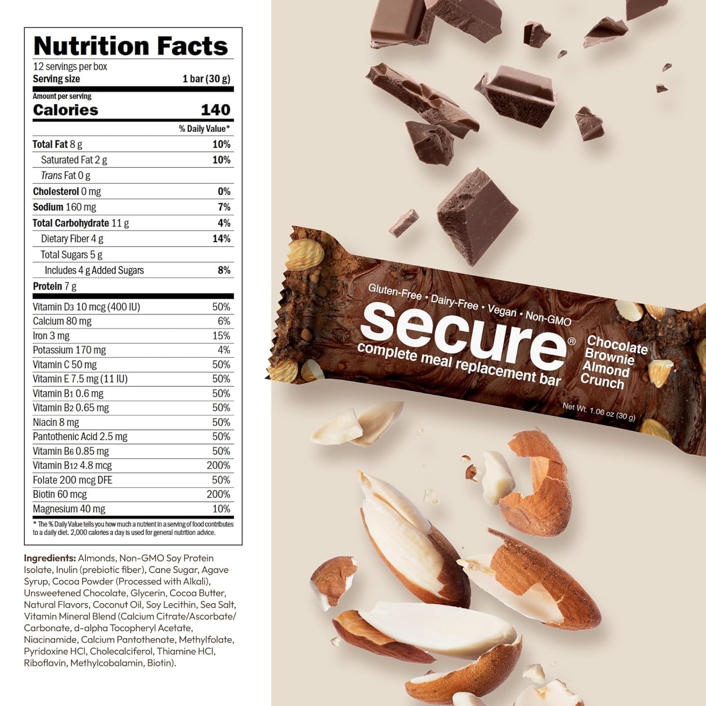 ANDREW LESSMAN Secure Complete Meal Replacement Bars - Chocolate Brownie Almond Crunch - 12 Count Box - 7g Protein, 11 Vitamins, Inulin Fiber - Low Calorie, Gluten-Free, Dairy-Free, Vegan, Non-GMO