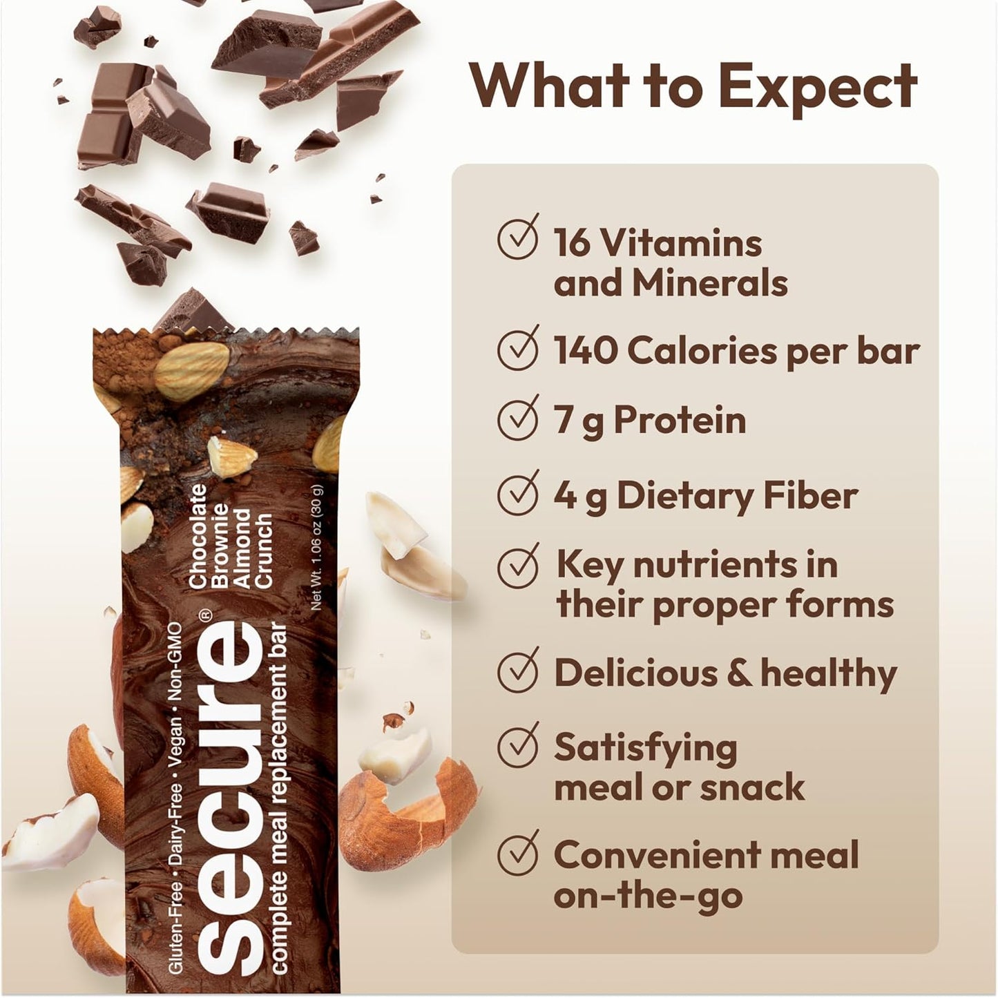 ANDREW LESSMAN Secure Complete Meal Replacement Bars - Chocolate Brownie Almond Crunch - 12 Count Box - 7g Protein, 11 Vitamins, Inulin Fiber - Low Calorie, Gluten-Free, Dairy-Free, Vegan, Non-GMO