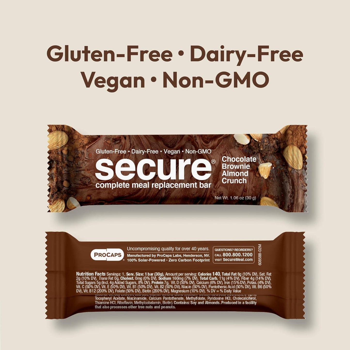 ANDREW LESSMAN Secure Complete Meal Replacement Bars - Chocolate Brownie Almond Crunch - 12 Count Box - 7g Protein, 11 Vitamins, Inulin Fiber - Low Calorie, Gluten-Free, Dairy-Free, Vegan, Non-GMO
