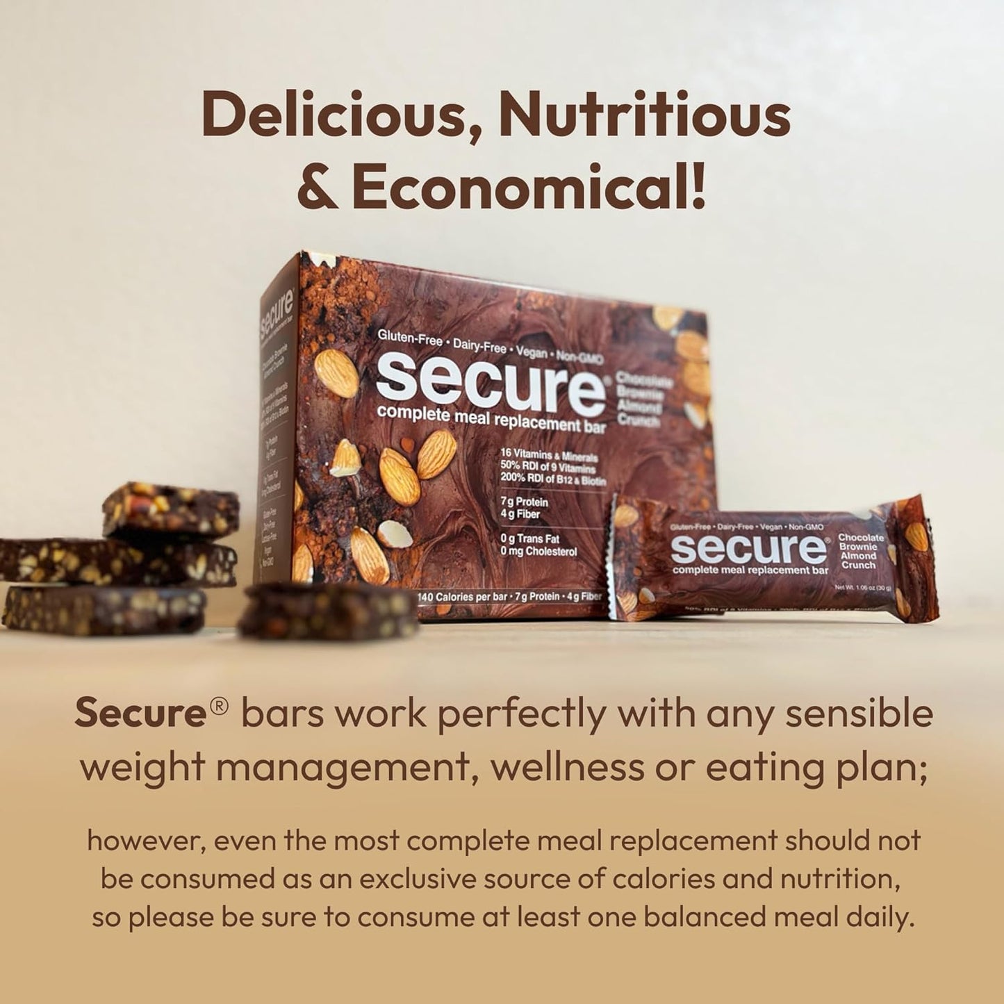 ANDREW LESSMAN Secure Complete Meal Replacement Bars - Chocolate Brownie Almond Crunch - 12 Count Box - 7g Protein, 11 Vitamins, Inulin Fiber - Low Calorie, Gluten-Free, Dairy-Free, Vegan, Non-GMO