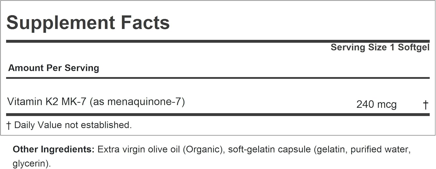 Andrew Lessman Vitamin K2 MK7 240 mcg 360 Softgels - Supports Calcium Utilization, Skeletal, Heart, Arterial Health - Additive-Free, Small Softgels