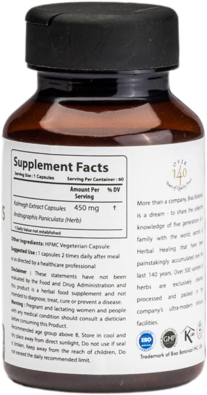 Andrographis (Kalmegh) Extract Capsules 450mg | 20% Andrographolide | Ayurvedic Liver Tonic | Immunity Support | 60 Count