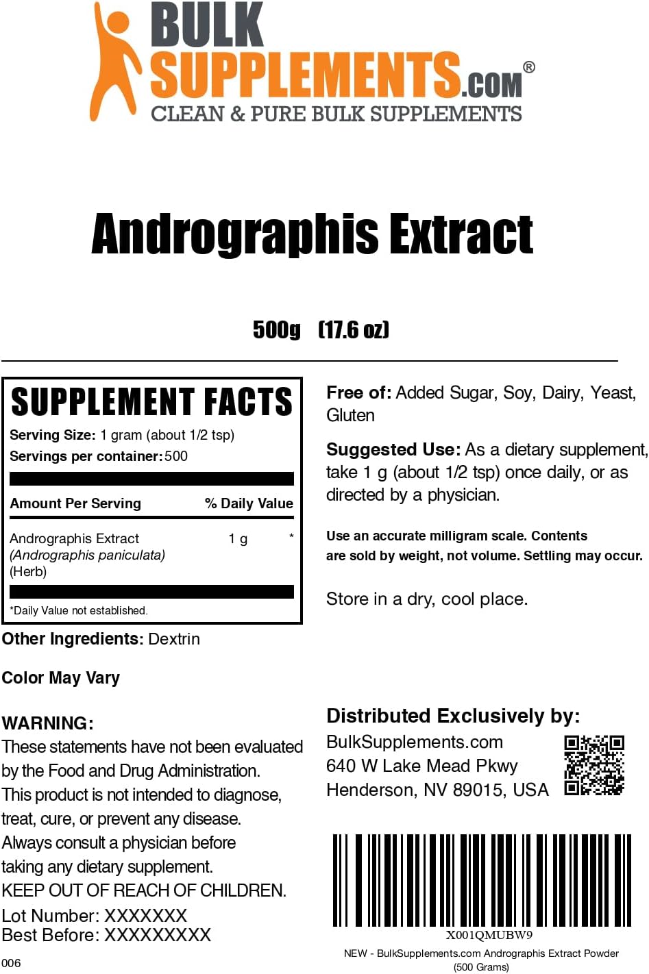 Andrographis Paniculata Extract Powder - 1000mg per Serving, Herbal Supplement, Gluten-Free - 500g (1.1 lbs) - BulkSupplements.com