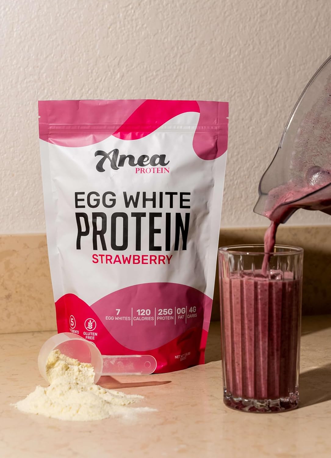 Anea Egg White Protein Powder - 25g Protein, Dairy Free, Gluten Free, Fat Free, Amino Acids, High Biological Value - 1.5 Pound (Strawberry)