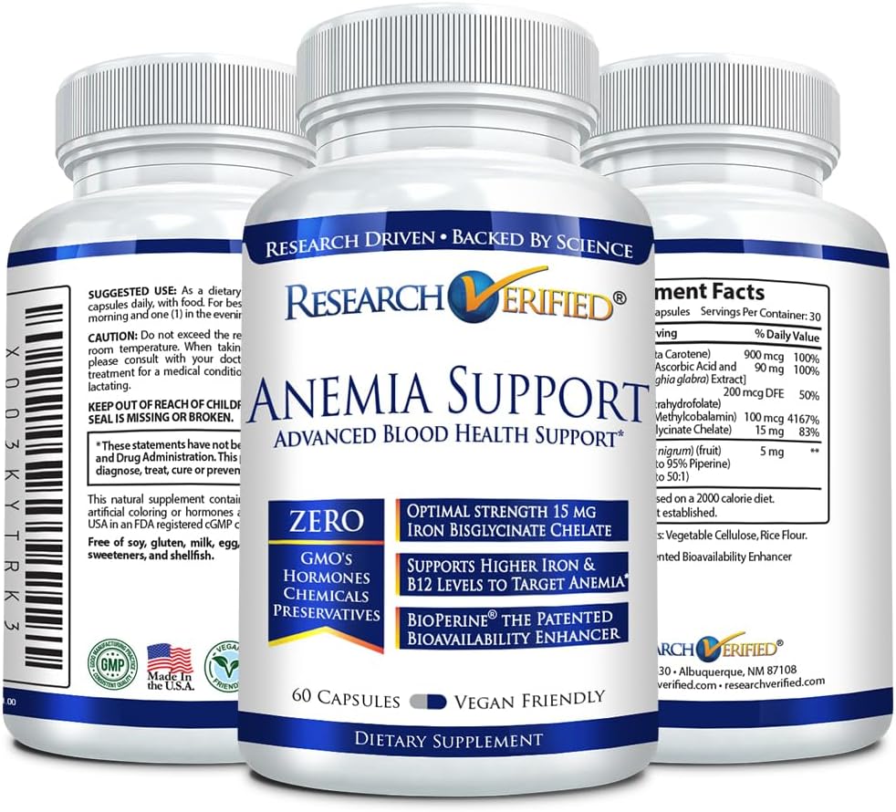 Anemia Support Supplement - Boost Iron Levels, Enhance Hemoglobin, Increase Energy - Iron, Vitamin C, A, B12, Folate, BioPerine - 180 Vegan Capsules