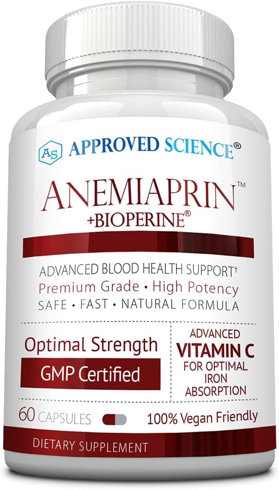 Anemiaprin by Approved Science - Iron and Vitamin C Supplement - Easy on Stomach - 60 Capsules - 1 Month Non-GMO, Vegan Supply