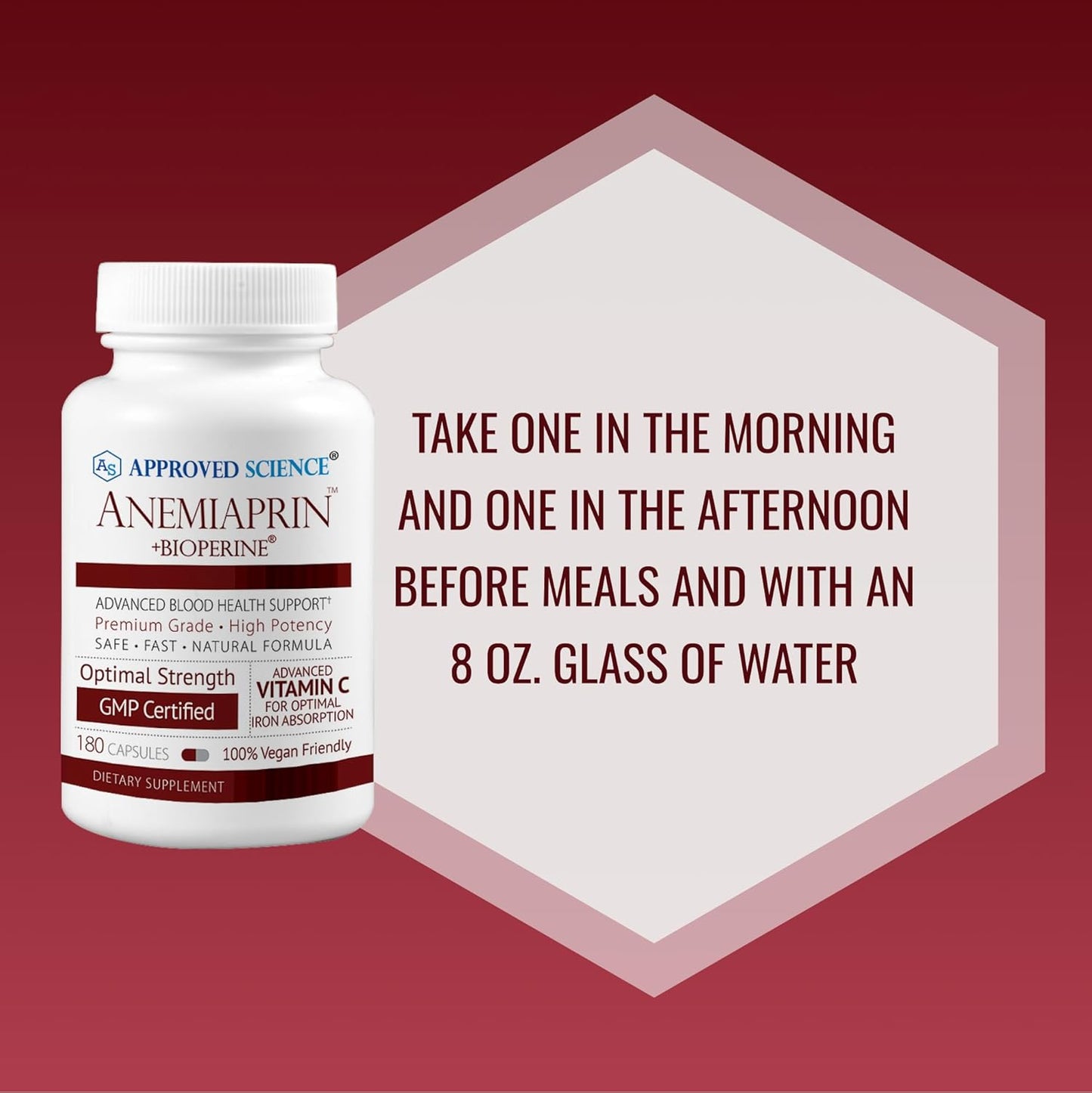 Anemiaprin by Approved Science - Iron and Vitamin C Supplement - Easy on Stomach - 60 Capsules - 30 Day Supply - Non-GMO, Vegan Formula