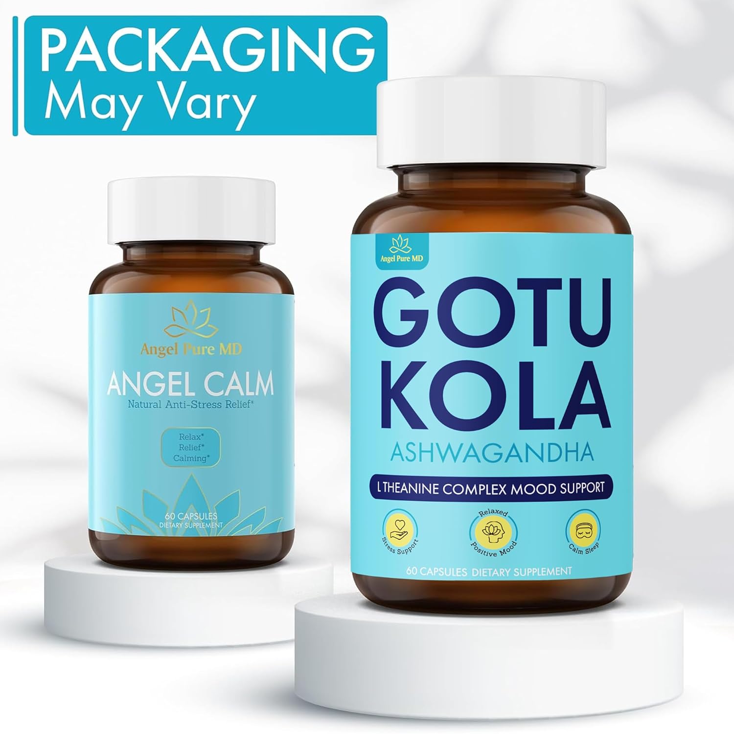 Angel Pure MD Angel Calm Stress Relief Supplement - Focus, Mood Support, Natural Energy, Cortisol Balance - Fast Acting Ashwagandha, Vitamin B12, Rhodiola Rosea, Lemon Balm - 60 Count