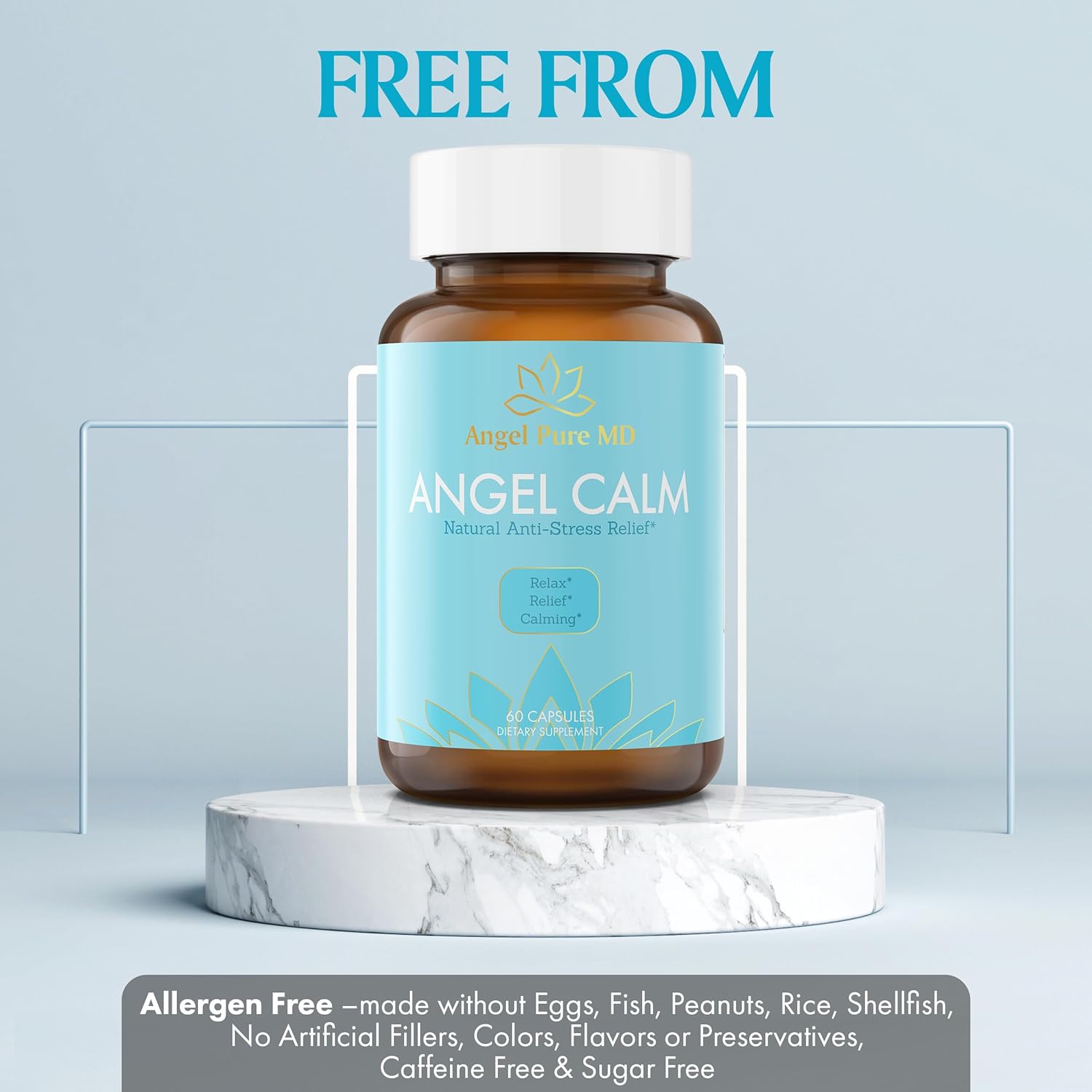 Angel Pure MD Angel Calm Stress Relief Supplement - Focus, Mood Support, Natural Energy, Cortisol Balance - Fast Acting Ashwagandha, Vitamin B12, Rhodiola Rosea, Lemon Balm - 60 Count