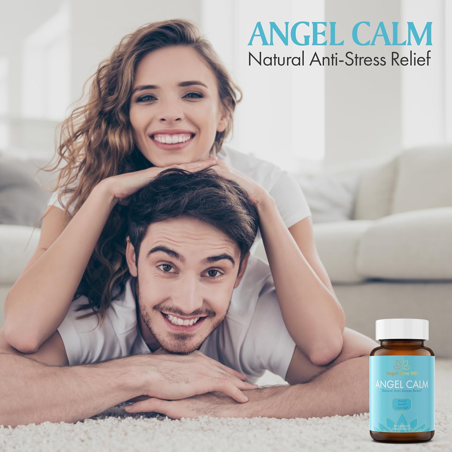 Angel Pure MD Angel Calm Stress Relief Supplement - Focus, Mood Support, Natural Energy, Cortisol Balance - Fast Acting Ashwagandha, Vitamin B12, Rhodiola Rosea, Lemon Balm - 60 Count