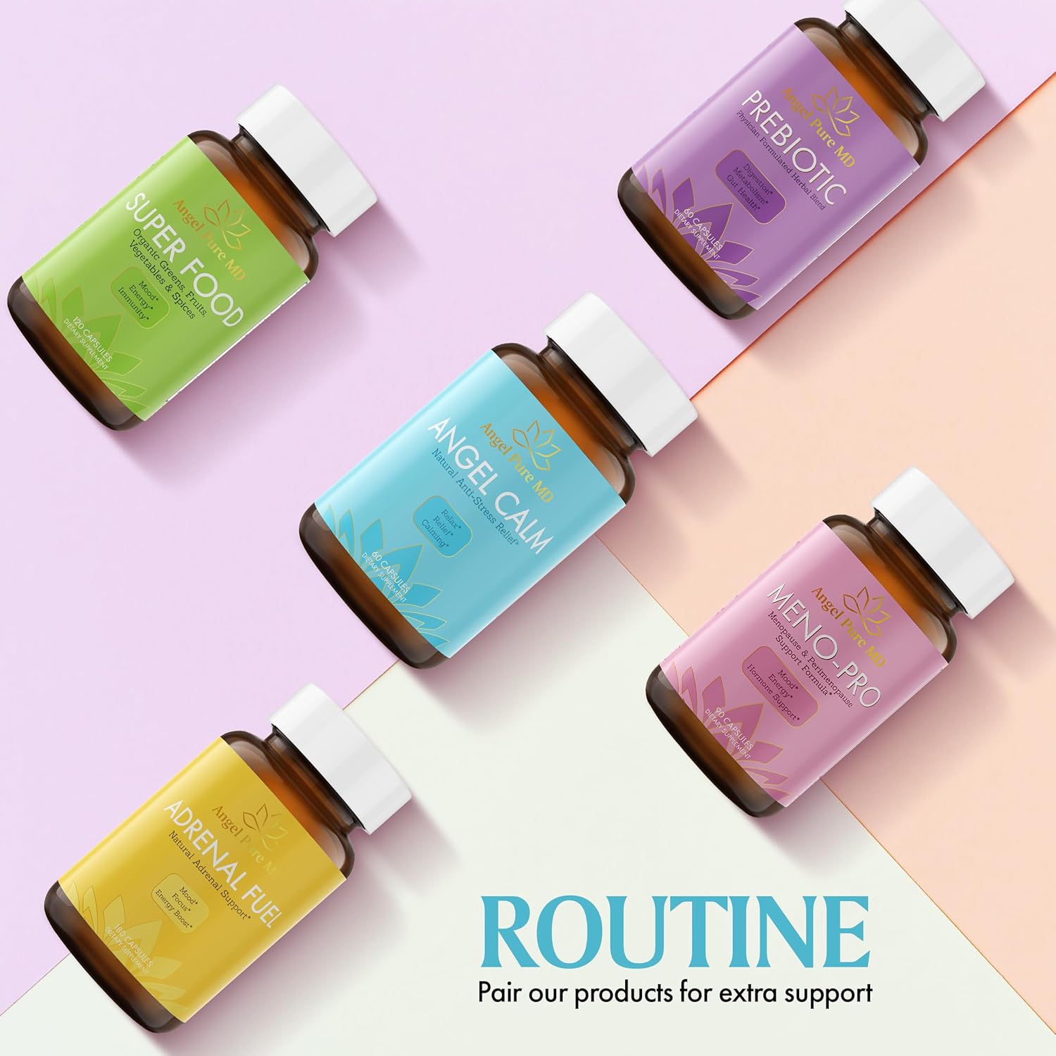 Angel Pure MD Angel Calm Stress Relief Supplement - Focus, Mood Support, Natural Energy, Cortisol Balance - Fast Acting Ashwagandha, Vitamin B12, Rhodiola Rosea, Lemon Balm - 60 Count