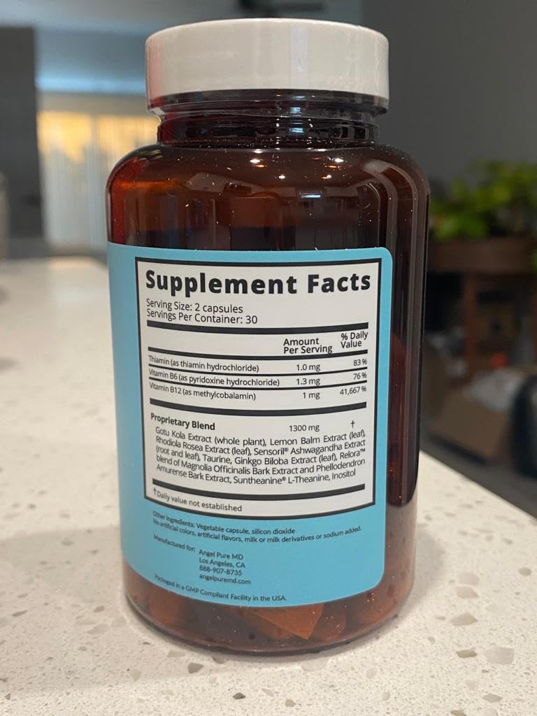 Angel Pure MD Angel Calm Stress Relief Supplement - Focus, Mood Support, Natural Energy, Cortisol Balance - Fast Acting Ashwagandha, Vitamin B12, Rhodiola Rosea, Lemon Balm - 60 Count