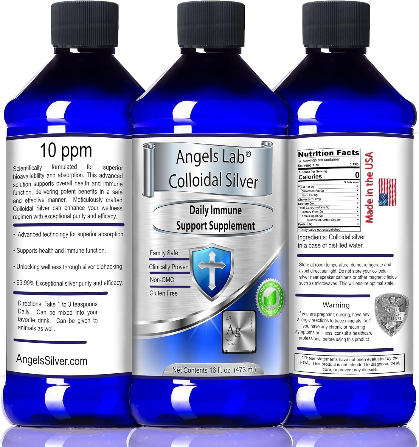 Angels Lab Colloidal Silver Immune Support Liquid 16oz - 10 PPM Nano Formula