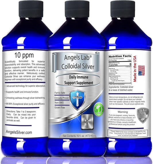 Angels Lab Colloidal Silver Immune Support Liquid 16oz - 10 PPM Nano Formula