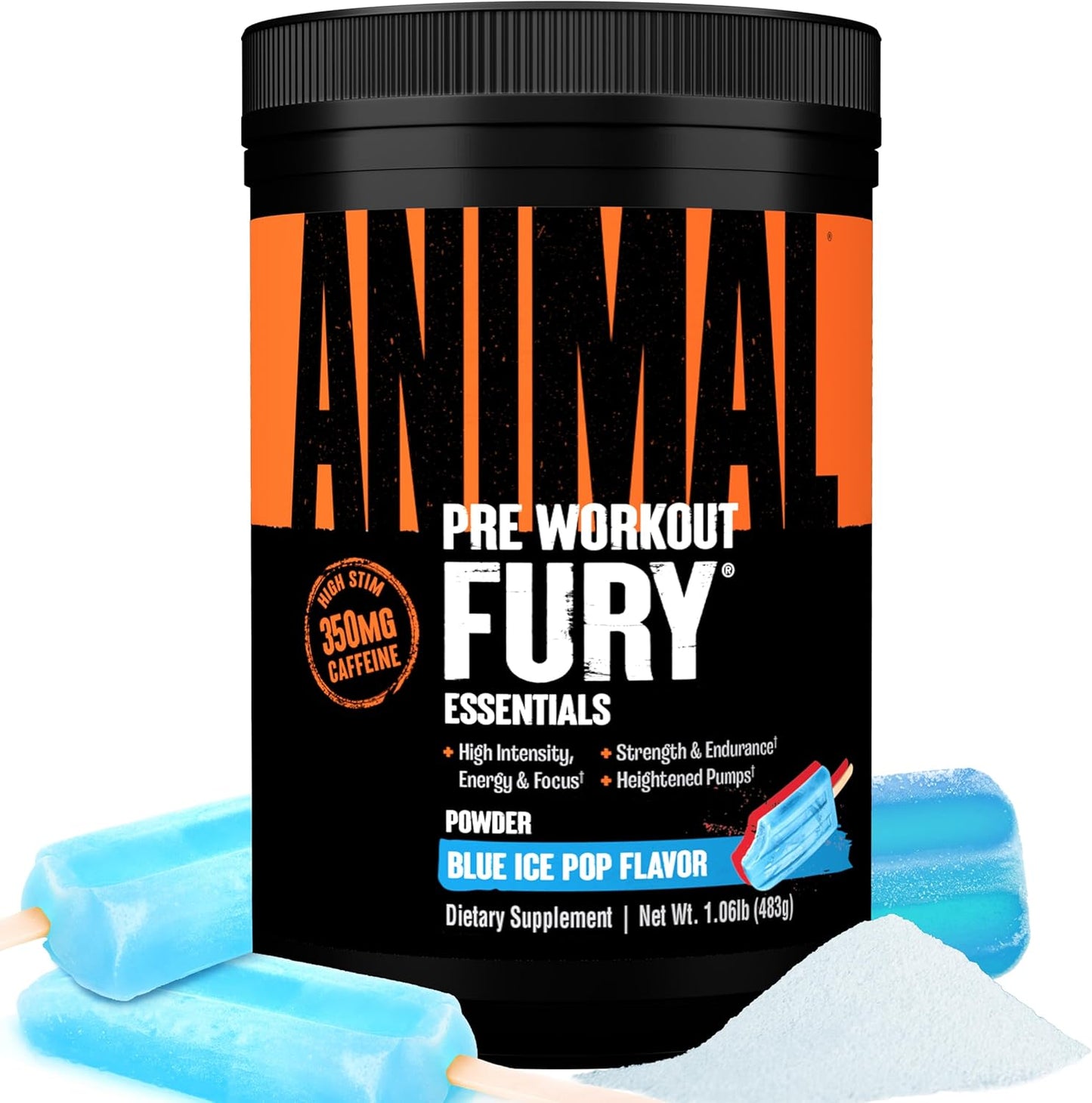 Animal Fury Blue Ice Pop Pre Workout Powder - Energy & Focus Supplement with BCAAs, Caffeine, Nitric Oxide Booster, Beta-Alanine - Preworkout for Men & Women, 30 Servings