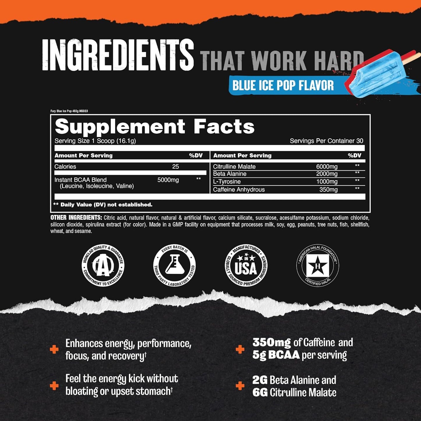 Animal Fury Blue Ice Pop Pre Workout Powder - Energy & Focus Supplement with BCAAs, Caffeine, Nitric Oxide Booster, Beta-Alanine - Preworkout for Men & Women, 30 Servings