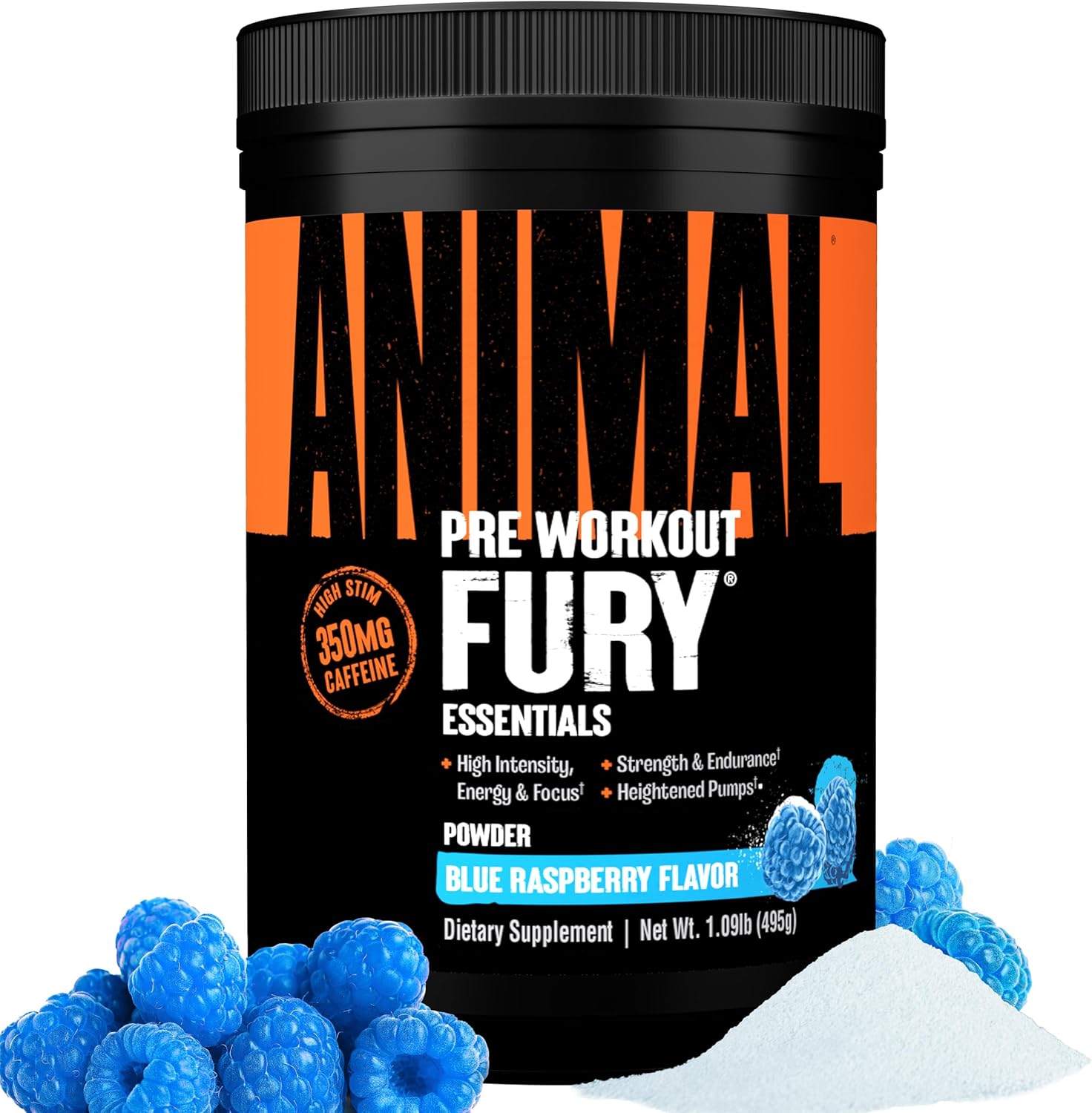 Animal Fury Pre Workout Powder - Energy and Focus Supplement with BCAA, Caffeine, and Beta-Alanine - Blue Raspberry Flavor - 30 Servings for Men and Women