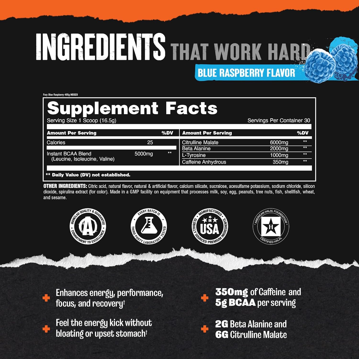 Animal Fury Pre Workout Powder - Energy and Focus Supplement with BCAA, Caffeine, and Beta-Alanine - Blue Raspberry Flavor - 30 Servings for Men and Women