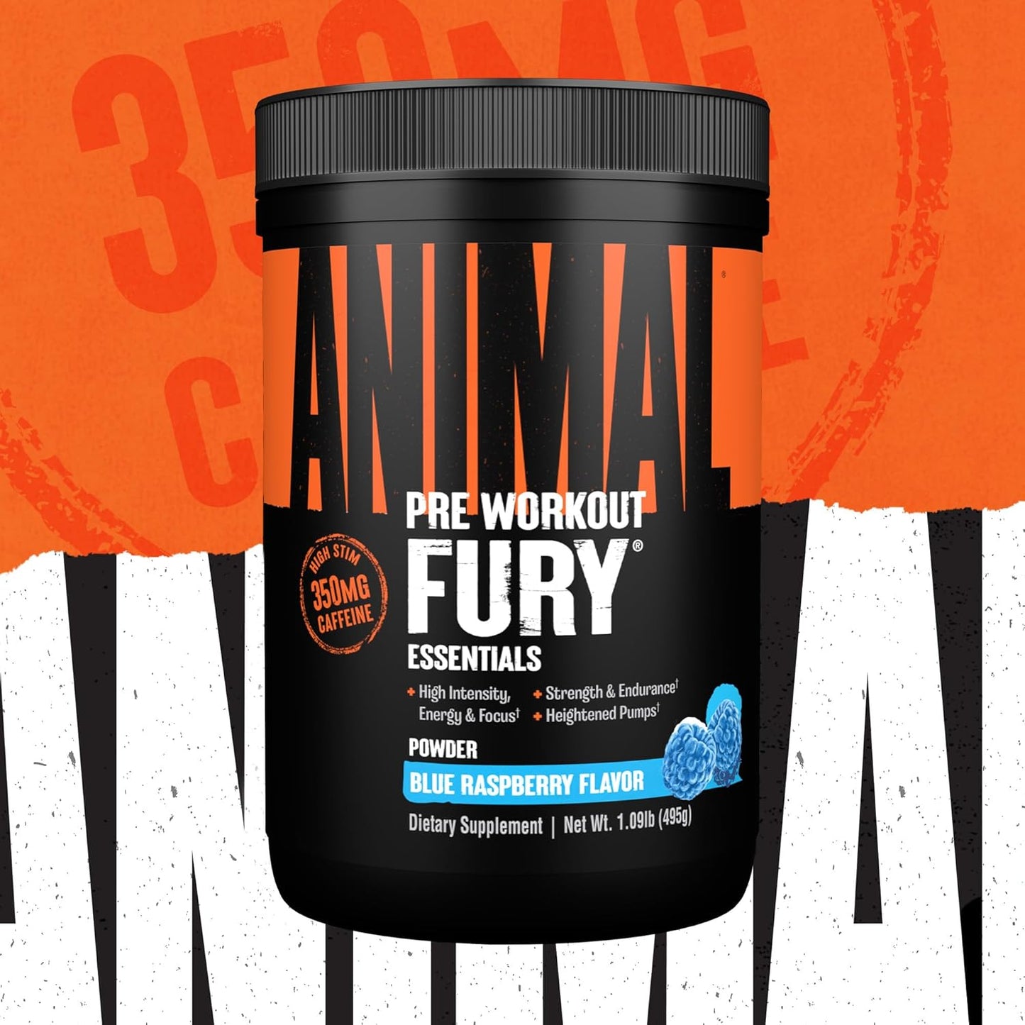 Animal Fury Pre Workout Powder - Energy and Focus Supplement with BCAA, Caffeine, and Beta-Alanine - Blue Raspberry Flavor - 30 Servings for Men and Women