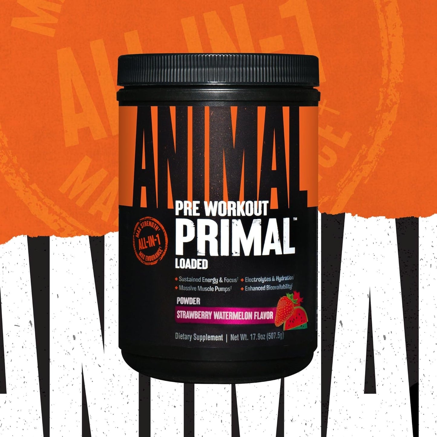 Animal Primal Muscle Hydration & Preworkout Powder with Beta Alanine, Caffeine, Electrolytes - Boosts Energy, Focus, Endurance - Strawberry Watermelon, 17.9 oz