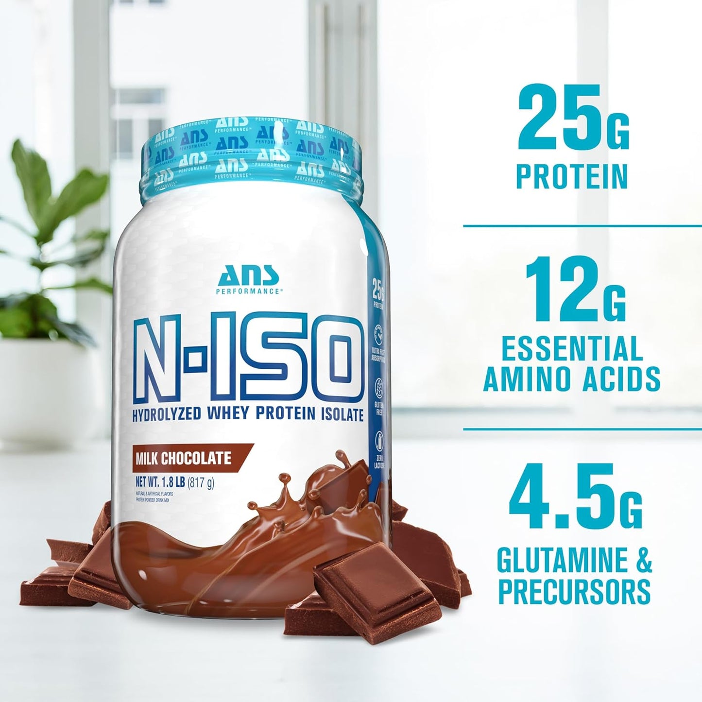 ANS Performance Hydrolyzed Whey Isolate Protein with BCAAs - 25g Protein, Milk Chocolate Flavor - Gluten Free, Lactose Free, Peanut Free - 1.8 lb