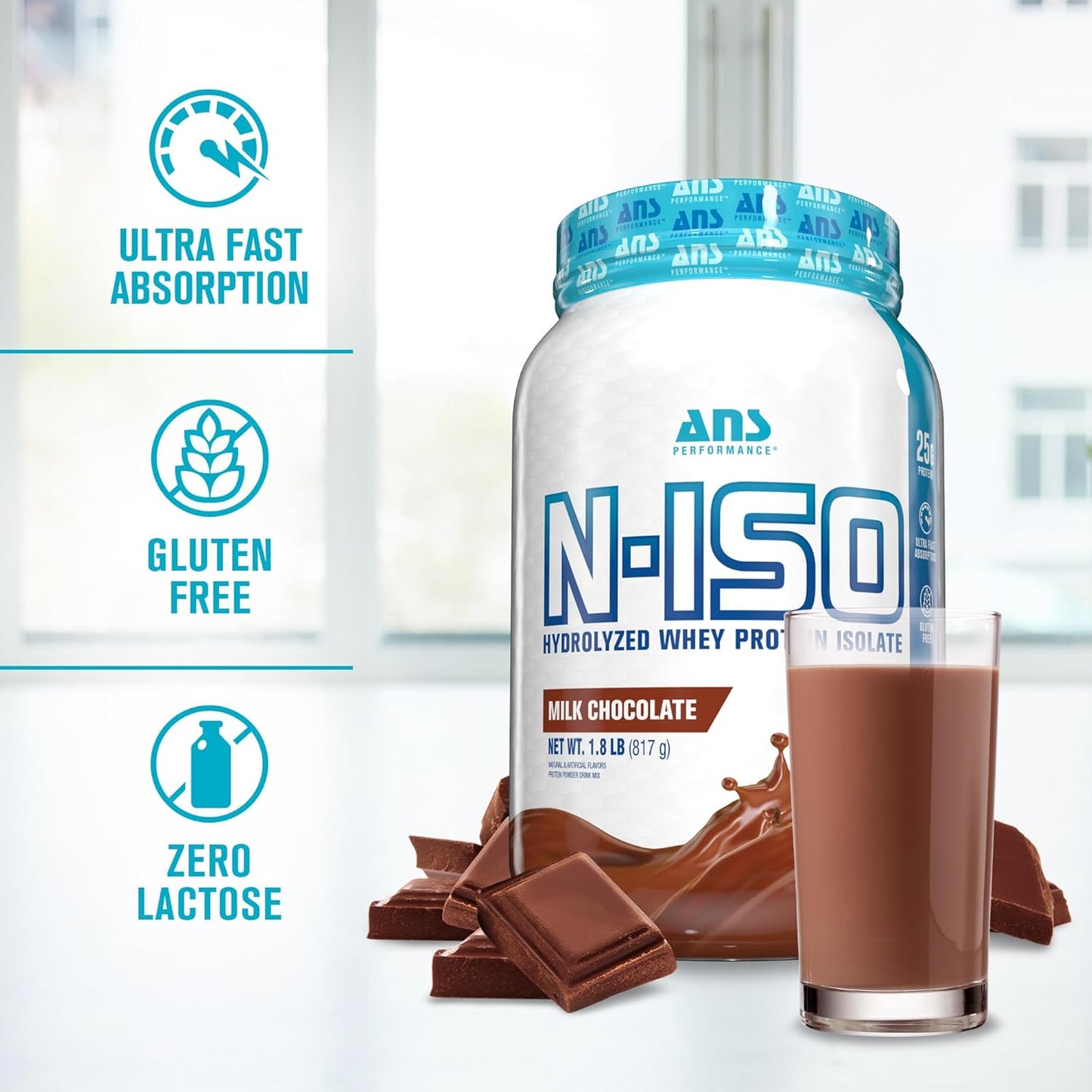 ANS Performance Hydrolyzed Whey Isolate Protein with BCAAs - 25g Protein, Milk Chocolate Flavor - Gluten Free, Lactose Free, Peanut Free - 1.8 lb