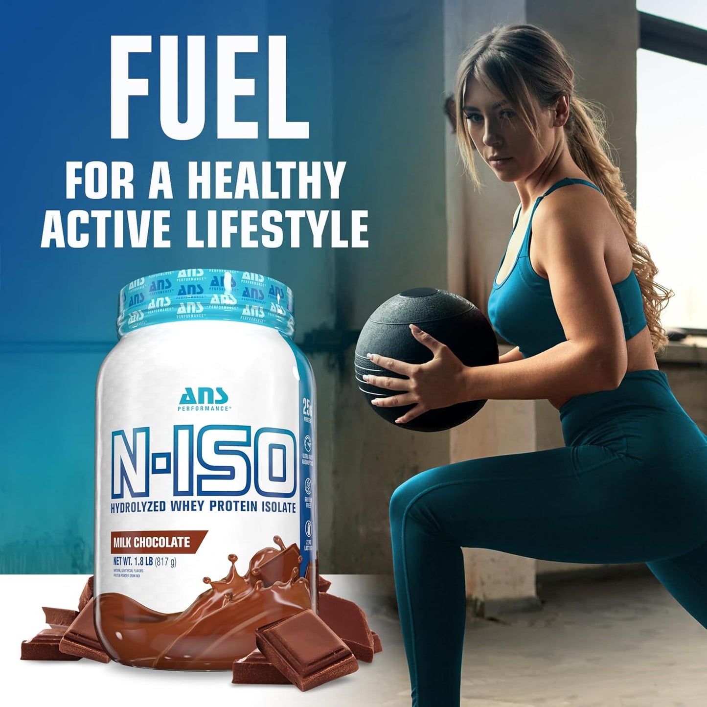 ANS Performance Hydrolyzed Whey Isolate Protein with BCAAs - 25g Protein, Milk Chocolate Flavor - Gluten Free, Lactose Free, Peanut Free - 1.8 lb