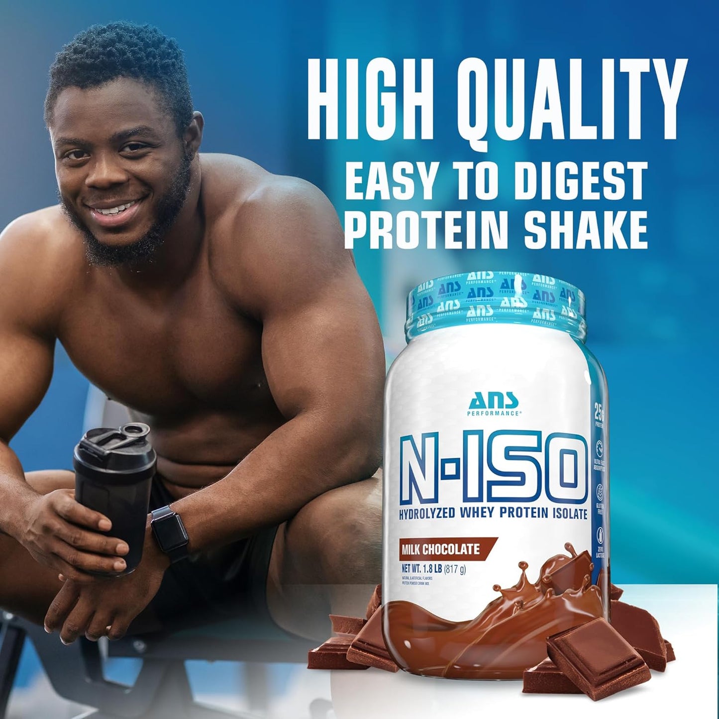 ANS Performance Hydrolyzed Whey Isolate Protein with BCAAs - 25g Protein, Milk Chocolate Flavor - Gluten Free, Lactose Free, Peanut Free - 1.8 lb