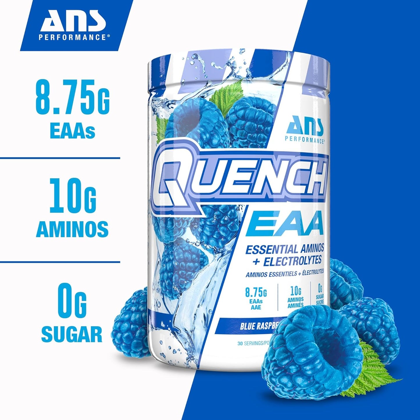 ANS Performance Quench EAA Aminos + Electrolytes - Blue Bombsicle Flavor - 10g Total Amino Acids - Zero Sugar, Carbs, Calories - Complete EAA Blend with Vitamins & Antioxidants
