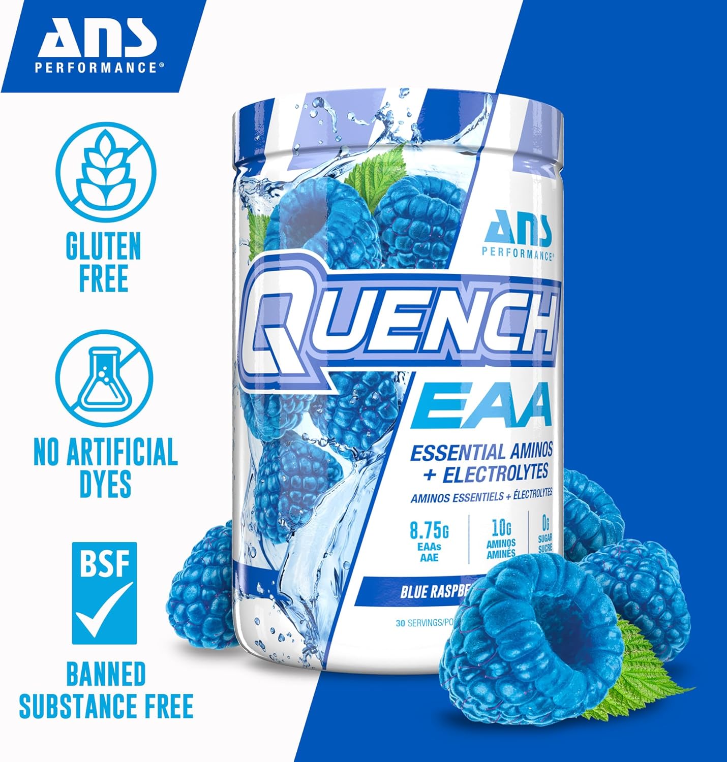 ANS Performance Quench EAA Aminos + Electrolytes - Blue Bombsicle Flavor - 10g Total Amino Acids - Zero Sugar, Carbs, Calories - Complete EAA Blend with Vitamins & Antioxidants