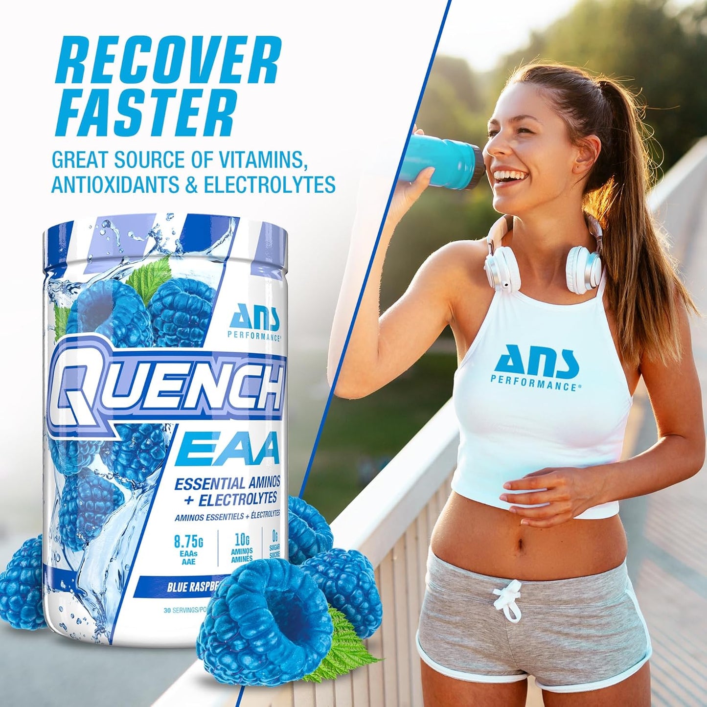 ANS Performance Quench EAA Aminos + Electrolytes - Blue Bombsicle Flavor - 10g Total Amino Acids - Zero Sugar, Carbs, Calories - Complete EAA Blend with Vitamins & Antioxidants