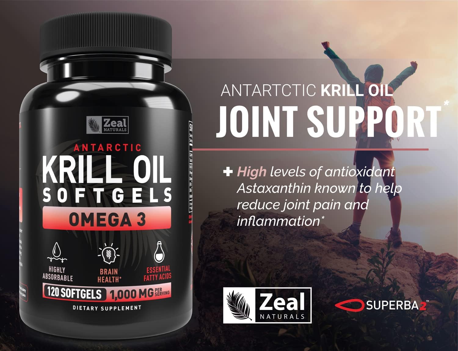 Antarctic Krill Oil 1000mg Softgels with EPA, DHA & Astaxanthin - Omega 3 Supplement for Joint, Brain, Heart Support