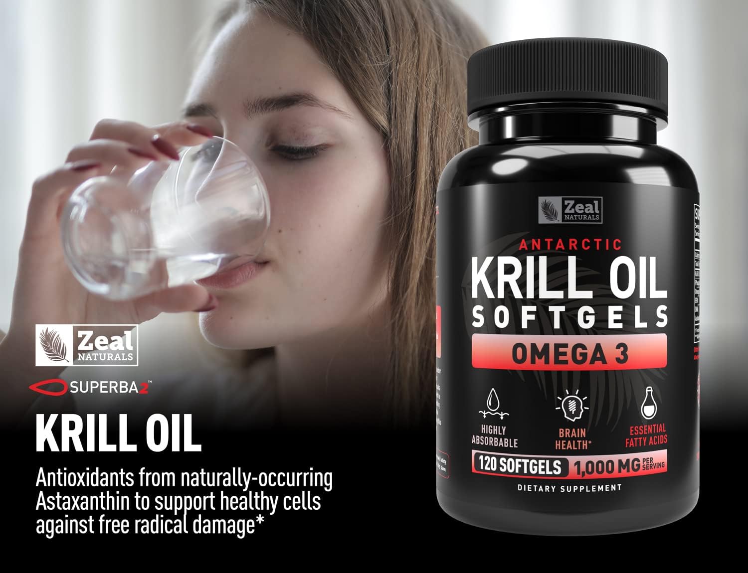 Antarctic Krill Oil 1000mg Softgels with EPA, DHA & Astaxanthin - Omega 3 Supplement for Joint, Brain, Heart Support
