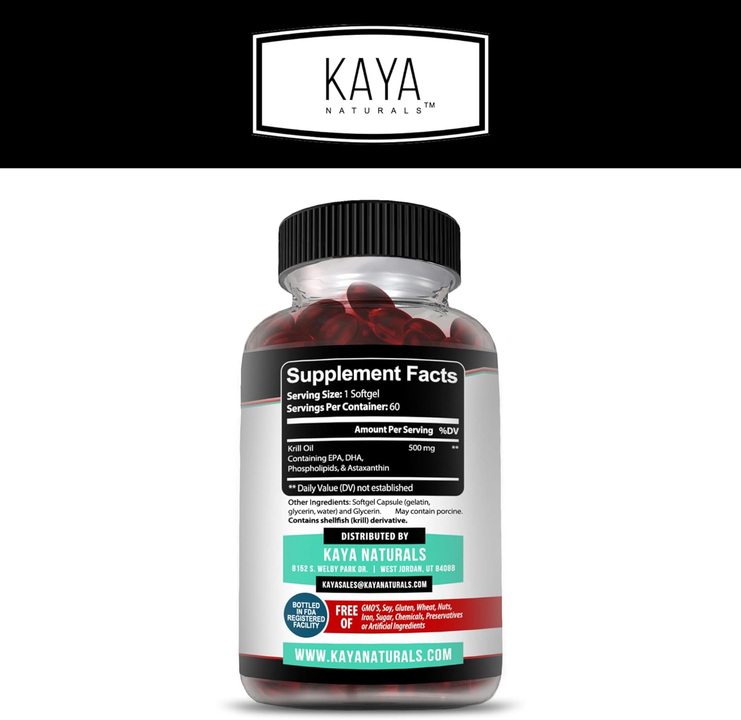 Antarctic Krill Oil 500mg Supplement for Brain & Joint Health with Omega 3, EPA, DHA, Phospholipids & Astaxanthin - Anti Aging - 60 Softgels by Kaya Naturals