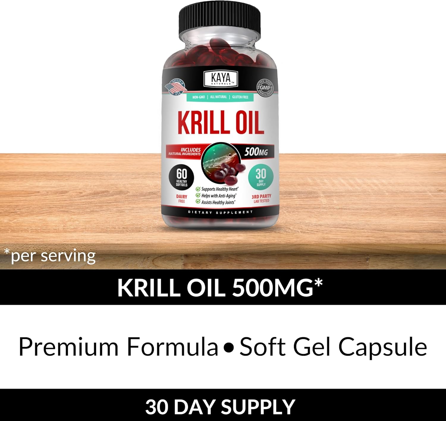 Antarctic Krill Oil 500mg Supplement for Brain & Joint Health with Omega 3, EPA, DHA, Phospholipids & Astaxanthin - Anti Aging - 60 Softgels by Kaya Naturals