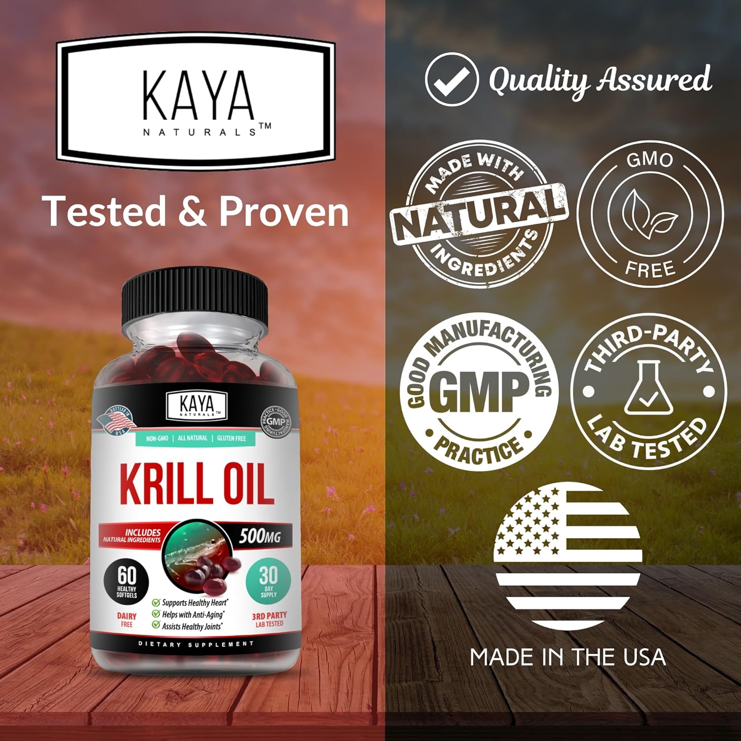 Antarctic Krill Oil 500mg Supplement for Brain & Joint Health with Omega 3, EPA, DHA, Phospholipids & Astaxanthin - Anti Aging - 60 Softgels by Kaya Naturals
