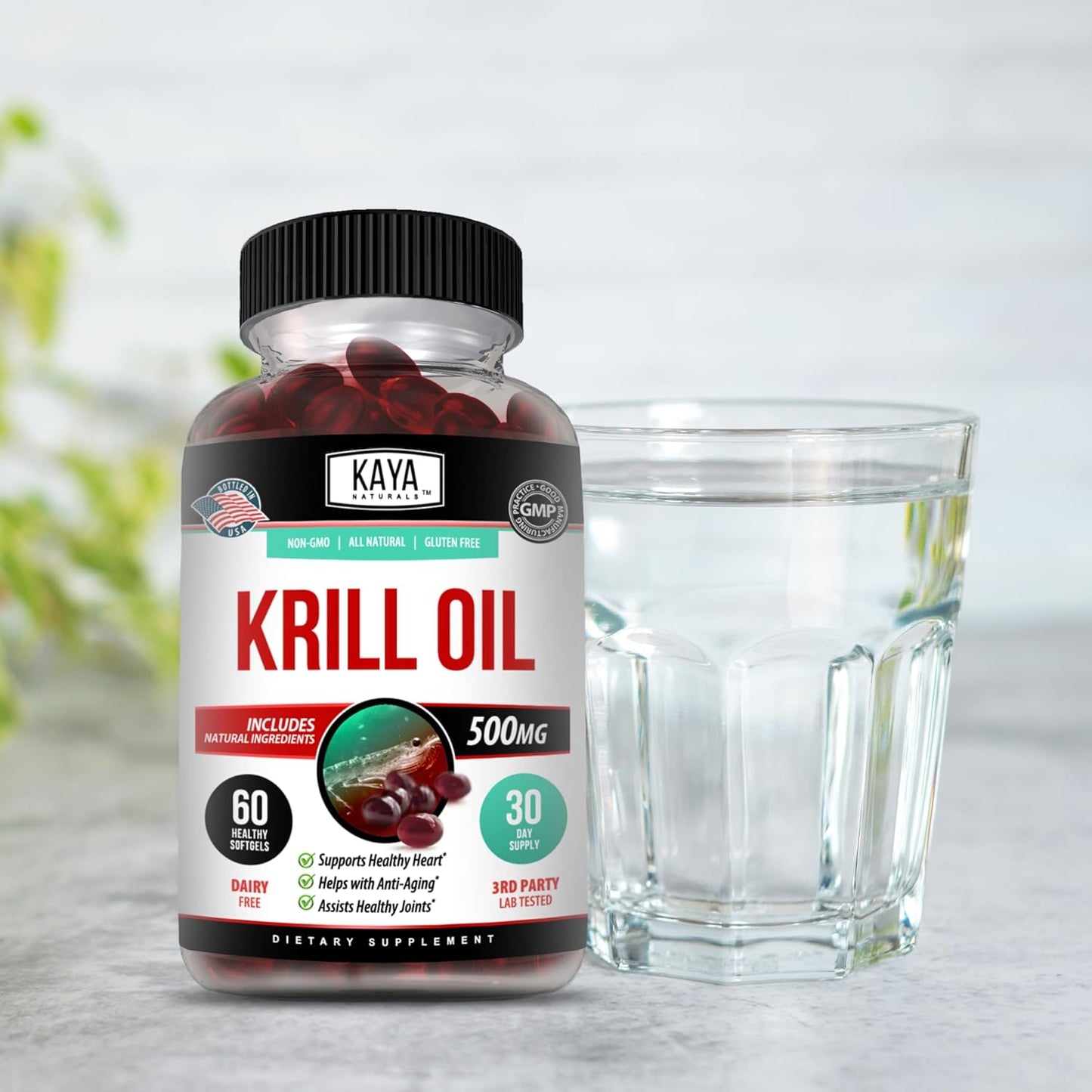 Antarctic Krill Oil 500mg Supplement for Brain & Joint Health with Omega 3, EPA, DHA, Phospholipids & Astaxanthin - Anti Aging - 60 Softgels by Kaya Naturals