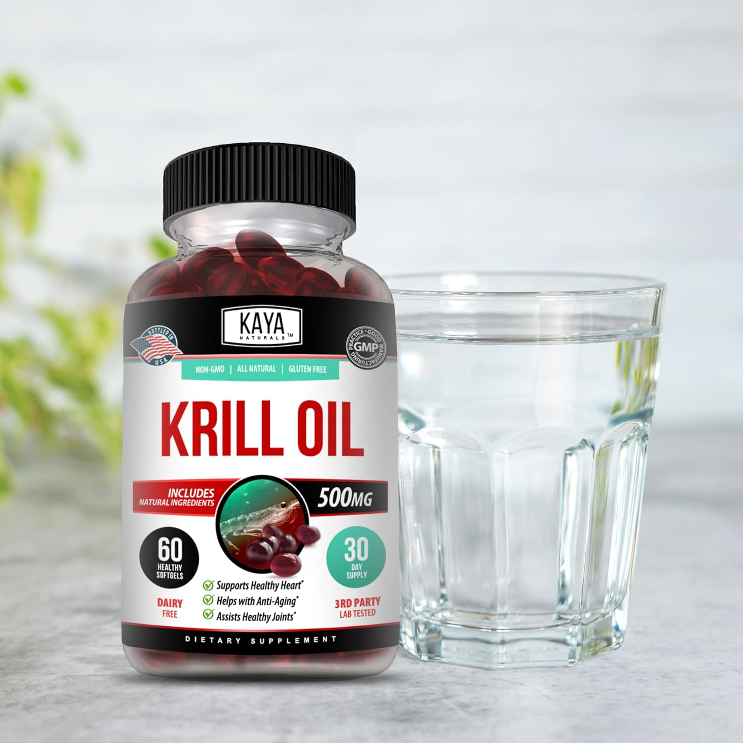 Antarctic Krill Oil 500mg Supplement for Brain & Joint Health with Omega 3, EPA, DHA, Phospholipids & Astaxanthin - Anti Aging - 60 Softgels by Kaya Naturals