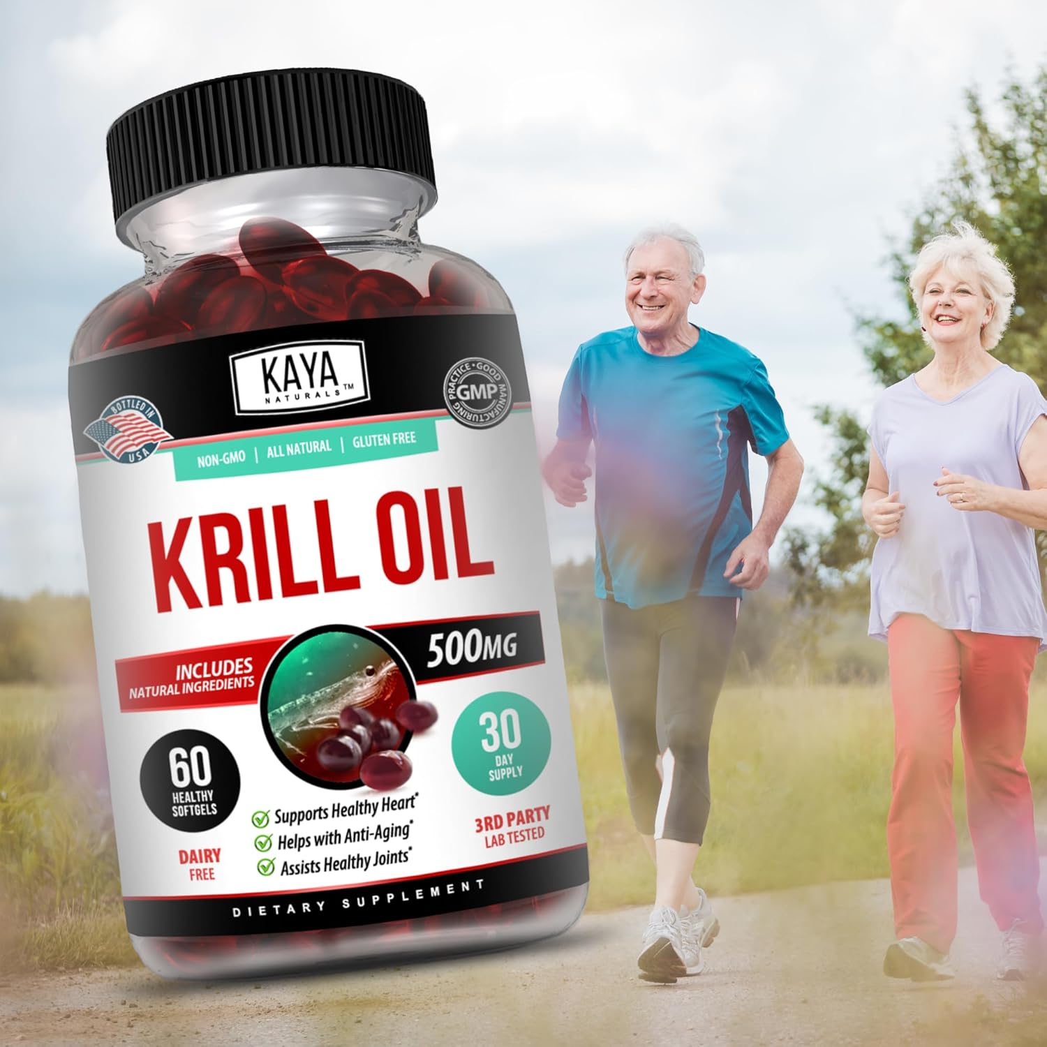 Antarctic Krill Oil 500mg Supplement for Brain & Joint Health with Omega 3, EPA, DHA, Phospholipids & Astaxanthin - Anti Aging - 60 Softgels by Kaya Naturals