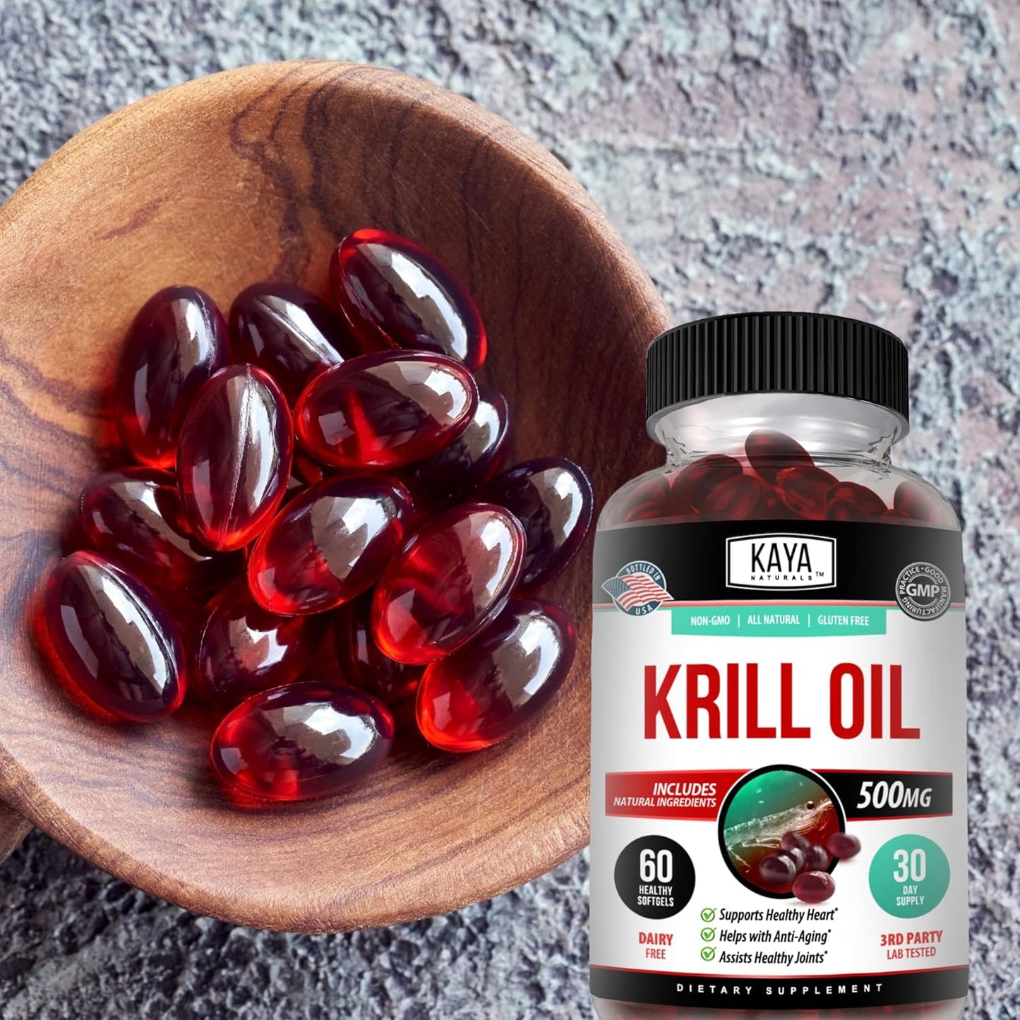 Antarctic Krill Oil 500mg Supplement for Brain & Joint Health with Omega 3, EPA, DHA, Phospholipids & Astaxanthin - Anti Aging - 60 Softgels by Kaya Naturals