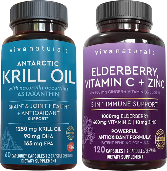 Antarctic Krill Oil Bundle with Elderberry, Vitamin C, Zinc, and Vitamin D3 - 1250mg Krill Oil for Joint Health and Elderberry for Immune Support