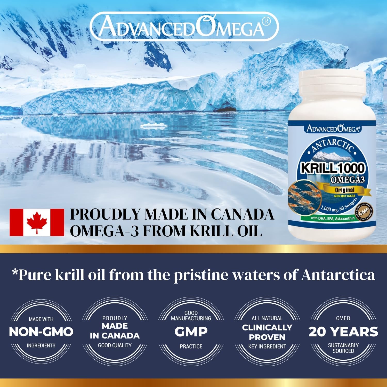 Antarctic Krill Oil Capsules - High Strength Omega-3 Fatty Acid Supplement with EPA, DHA, Astaxanthin, Phospholipids - 60 Softgels