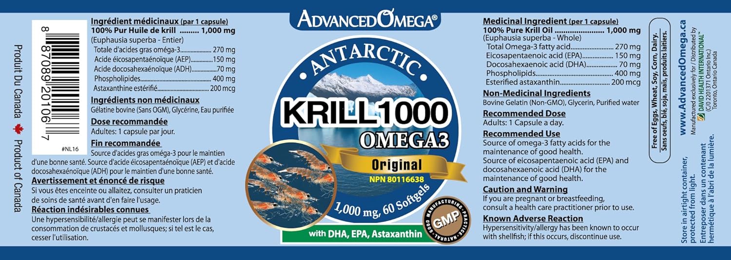 Antarctic Krill Oil Capsules - High Strength Omega-3 Fatty Acid Supplement with EPA, DHA, Astaxanthin, Phospholipids - 60 Softgels