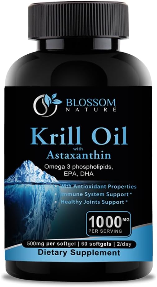 Antarctic Krill Oil Capsules 1600mg with Astaxanthin for Healthy Joints, Hair, and Skin - High Potency Omega-3 Supplement with EPA, DHA, and Phospholipids - 800mg per Softgel (1000mg)