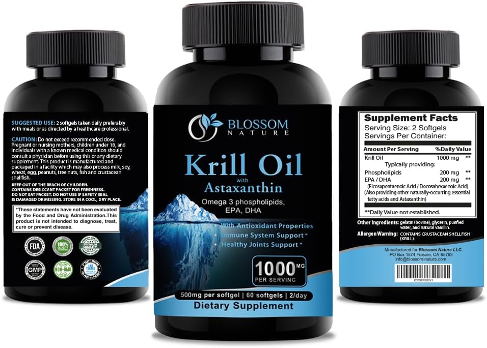 Antarctic Krill Oil Capsules 1600mg with Astaxanthin for Healthy Joints, Hair, and Skin - High Potency Omega-3 Supplement with EPA, DHA, and Phospholipids - 800mg per Softgel (1000mg)