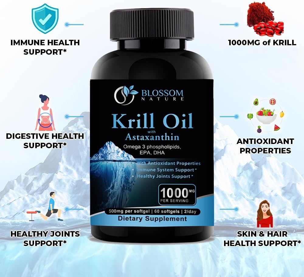 Antarctic Krill Oil Capsules 1600mg with Astaxanthin for Healthy Joints, Hair, and Skin - High Potency Omega-3 Supplement with EPA, DHA, and Phospholipids - 800mg per Softgel (1000mg)