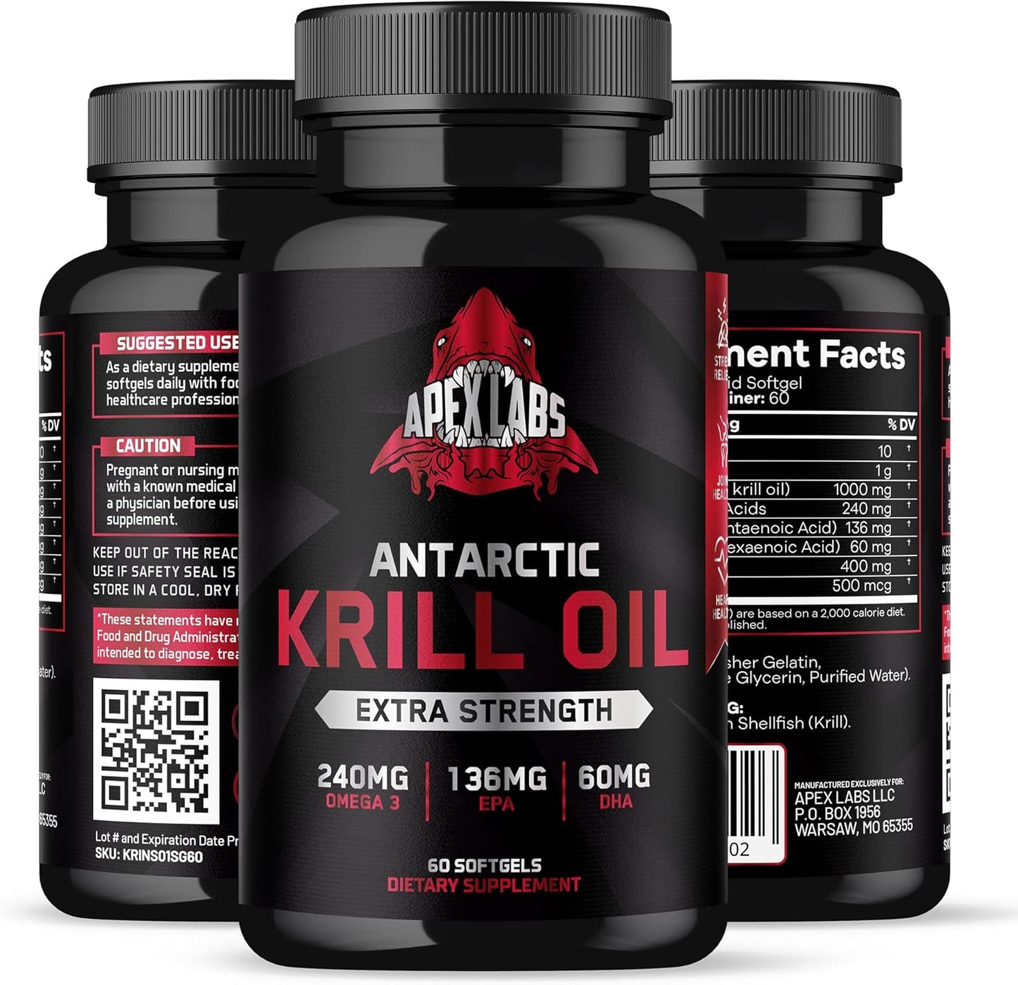 Antarctic Krill Oil Softgels 1000mg with Omega-3s EPA, DHA, Astaxanthin & Phospholipids by Apex Labs - 60 Count