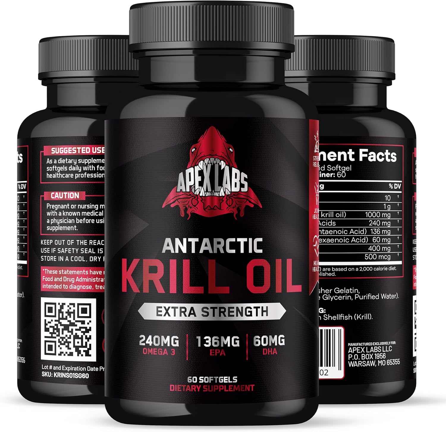 Antarctic Krill Oil Softgels 1000mg with Omega-3s EPA, DHA, Astaxanthin & Phospholipids by Apex Labs - 60 Count