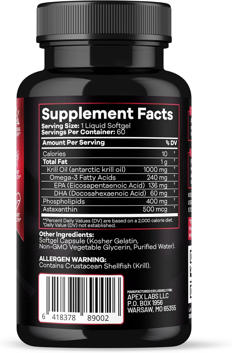 Antarctic Krill Oil Softgels 1000mg with Omega-3s EPA, DHA, Astaxanthin & Phospholipids by Apex Labs - 60 Count